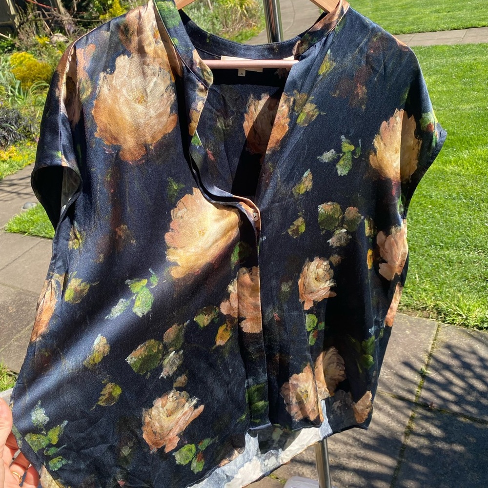 Vince Black Floral Silk Blouse with Peach & Green Roses